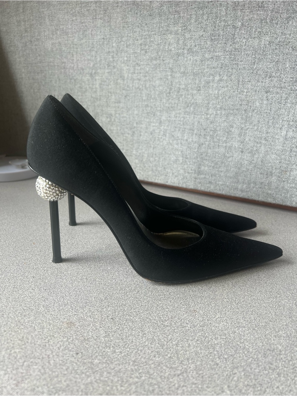 Stuart Weitzman Black Pointed Toe Stiletto Heels with Embellished Heel